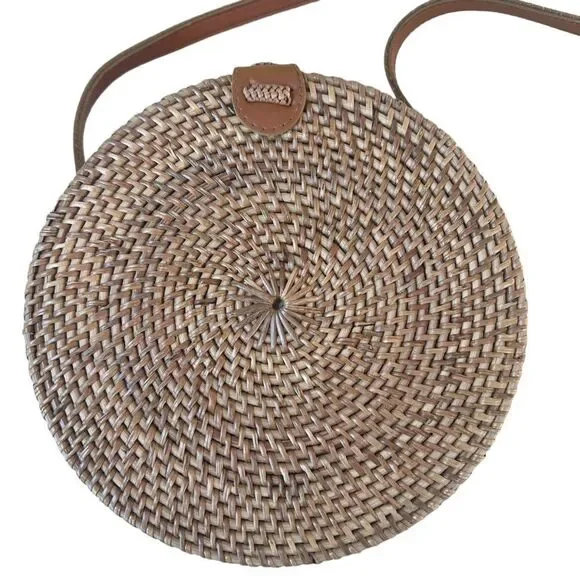Rattan Crossbody Hand Bag Womens Woven Tan Boho Beach Vacation Island Resortwear - Picture 4 of 11